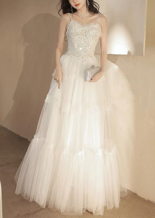 White Ruffled Sequins Tulle Spaghetti Strap Dress Sleeveless