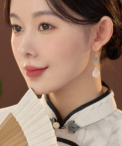 Brief White Sterling Silver Jade Fan-shaped Drop Earrings