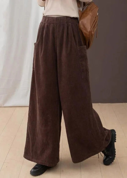 New Brown Pockets Corduroy Warm Fleece Wide Leg Pants Winter