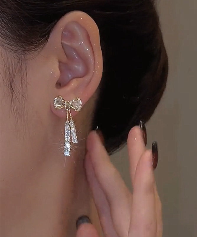 White Sterling Silver Overgild Zircon Crystal Butterfly Drop Earrings