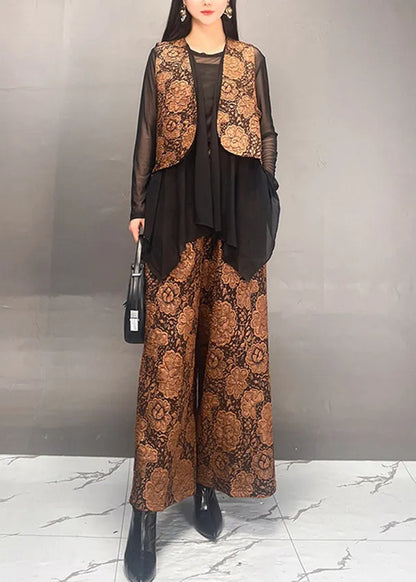 Stylish Gold Tulle Patchwork Coats and Wide Leg Pants Two Piece Set Fall