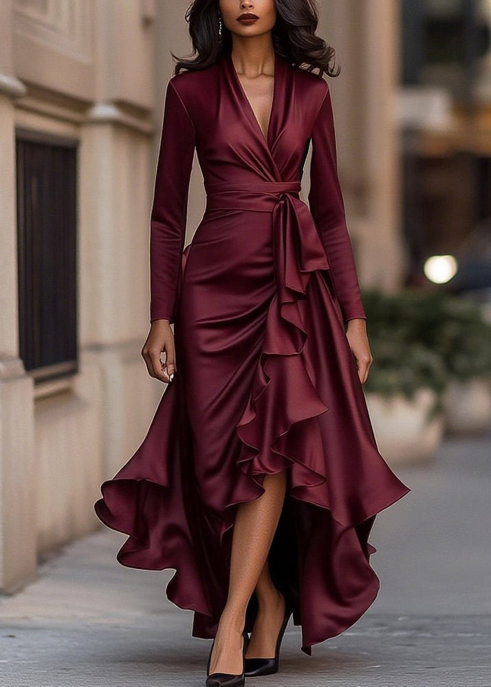 French Navy Asymmetrical Ruffled Patchwork Silk Dresses Fall