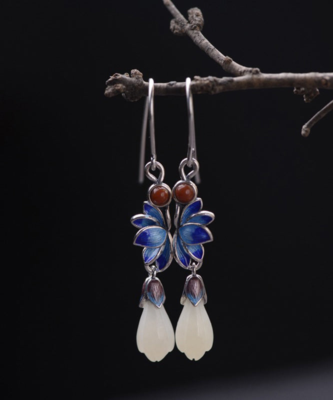 Boutique Blue Lotus Silver Jade Drop Earrings