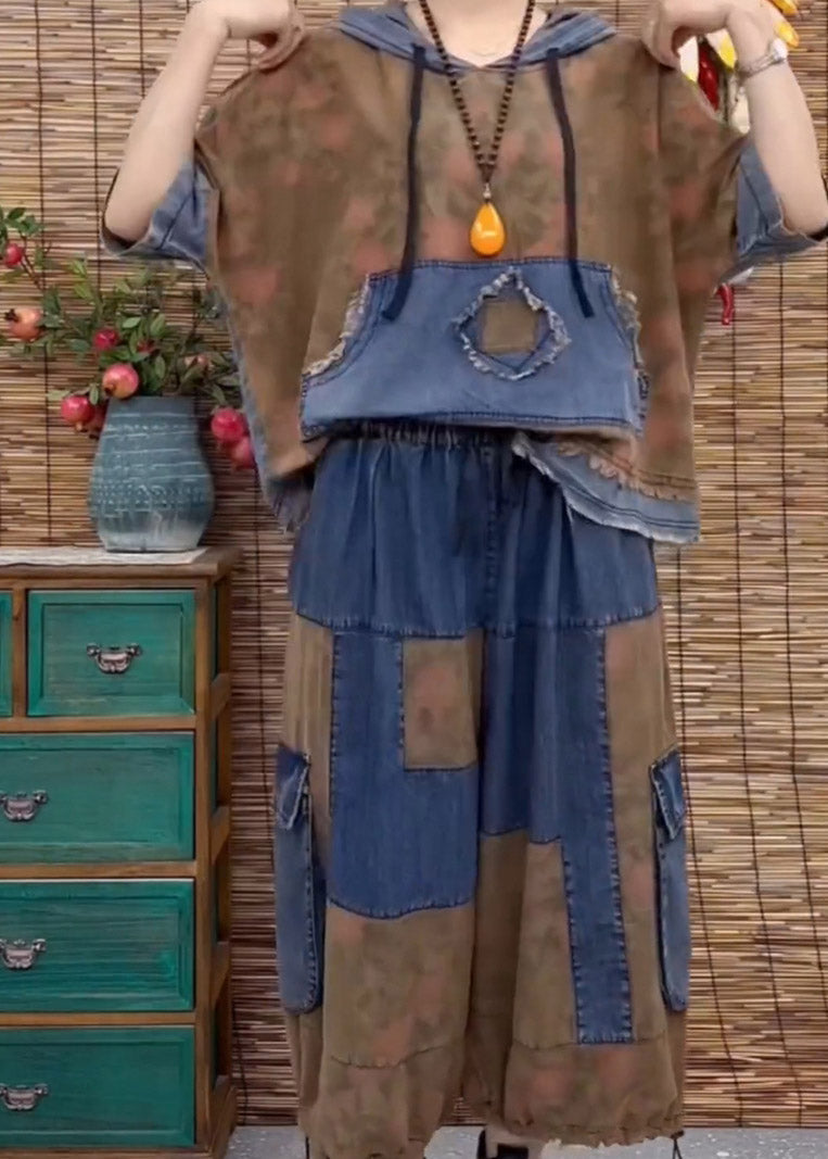 Blue Patchwork Hooded Top and Wide Leg Pants Two Pieces Set Summer
