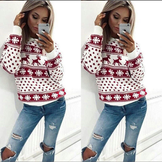 Women's Cozy Christmas Sweater with Snowflake and Reindeer Pattern