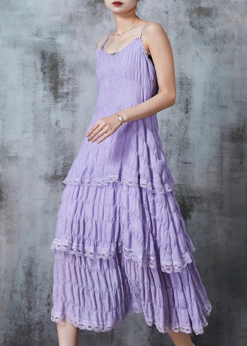 Lavender Wrinkled Patchwork Lace Cotton Sundress Summer