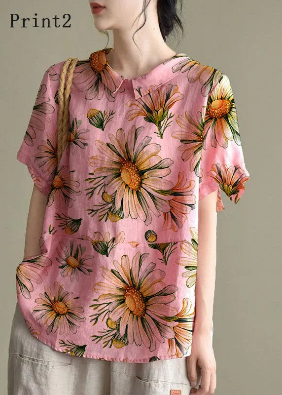 Simple Blue Bird Peter Pan Collar Patchwork Summer Linen Blouses