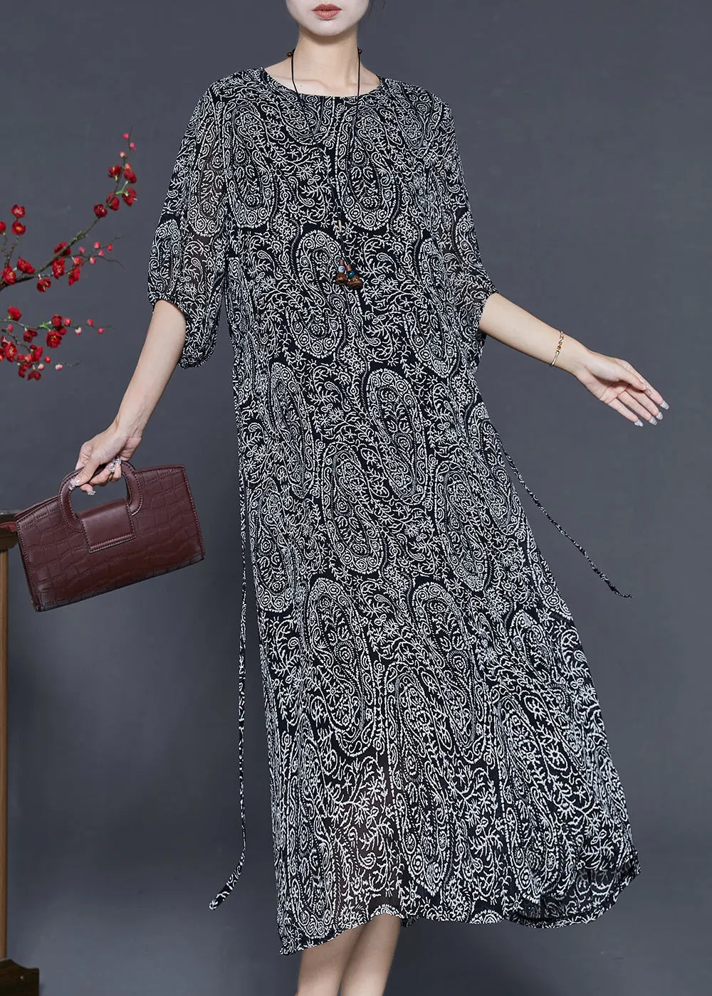 Black Tie Waist Print Chiffon Dress Summer