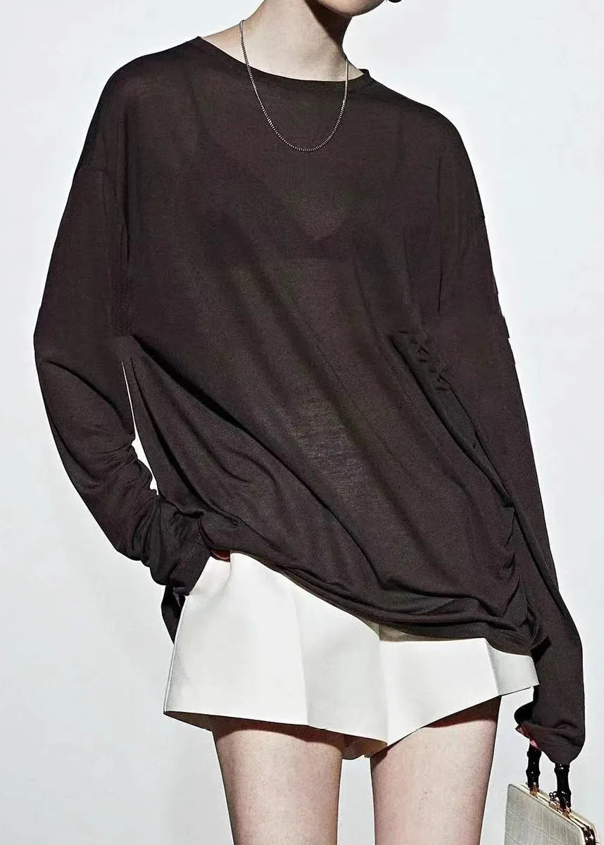 Loose Coffee O-neck Patchwork Silk T Shirt Spring