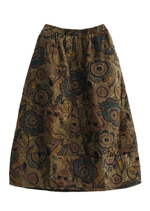 Grey- Elastic Waist Patchwork Print Fine Cotton Filled Skirt Winter