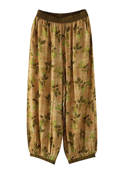 Yellow Wrinkled Elastic Waist Crop Lantern Pants
