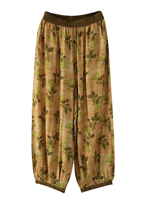Yellow Wrinkled Elastic Waist Crop Lantern Pants