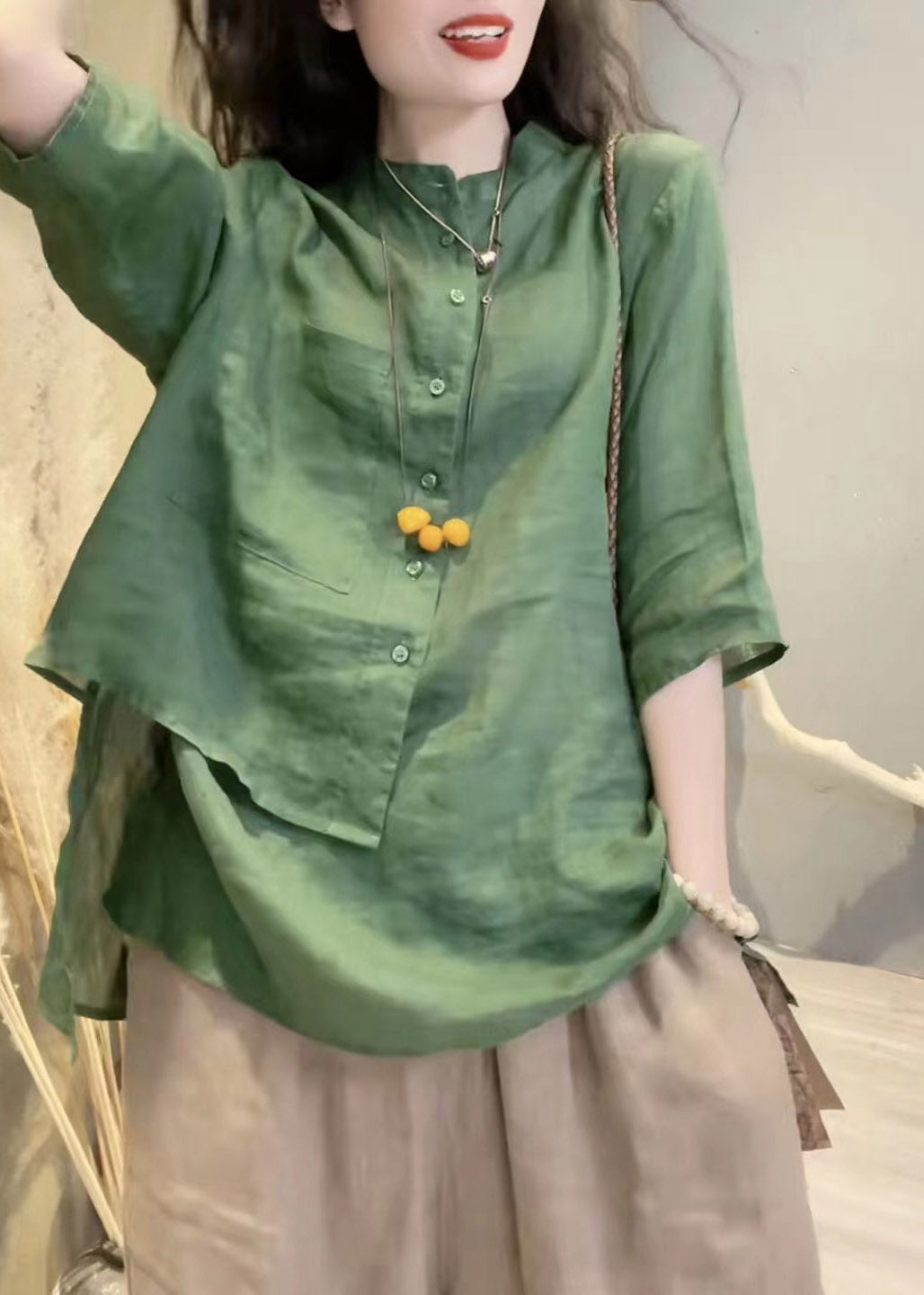 Green Stand Collar Asymmetrical Button Linen Shirts Long Sleeve