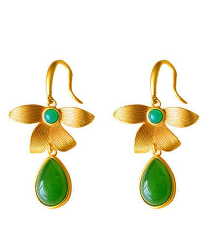 Gold Sterling Silver Overgild Inlaid Jade Drop Earrings