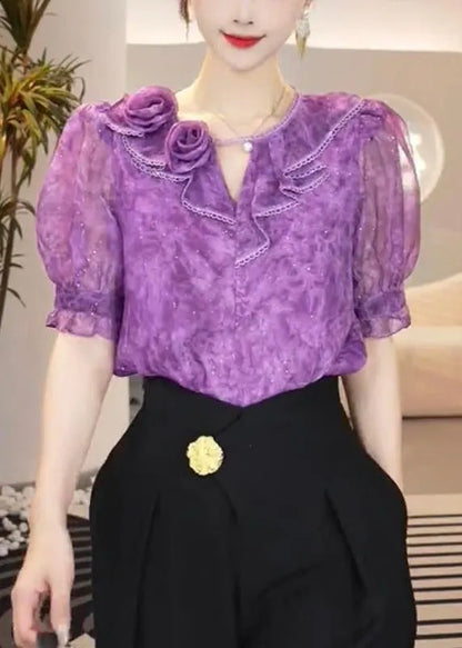 Fitted Purple O Neck Patchwork Chiffon Top Summer