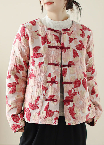 Red O Neck Print Button Pockets Thick Coats Winter