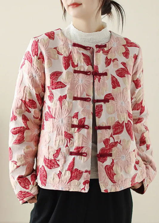 Red O Neck Print Button Pockets Thick Coats Winter