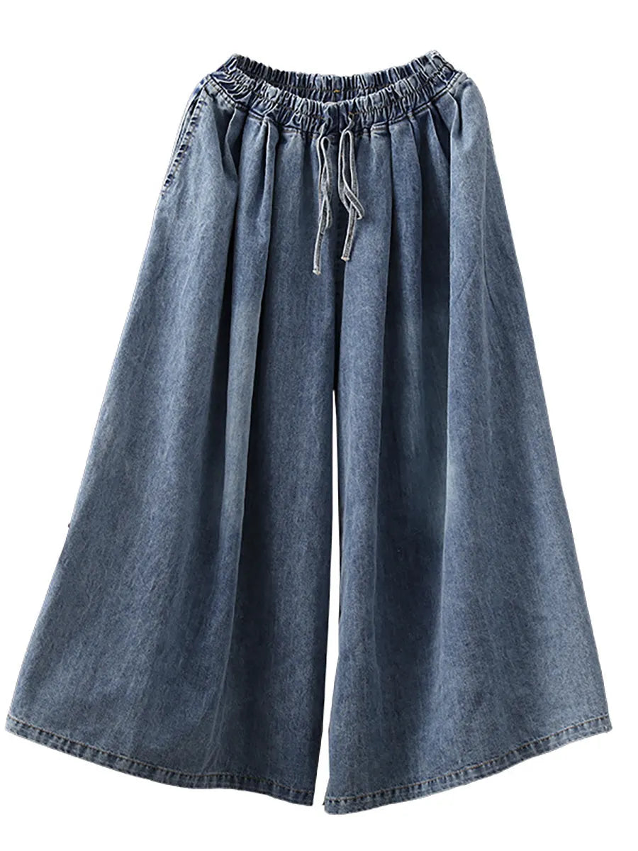 Drawstring Blue Denim Wide Leg Pants Jeans