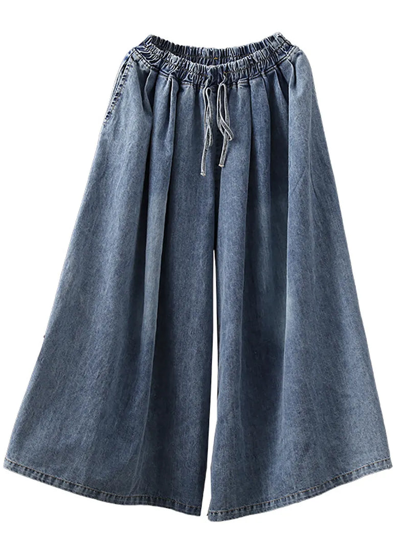 Drawstring Blue Denim Wide Leg Pants Jeans