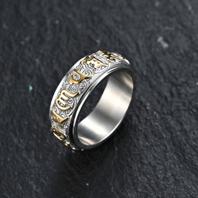 Buddha Stones Om Mani Padme Hum Balance Calm Titanium Steel Ring