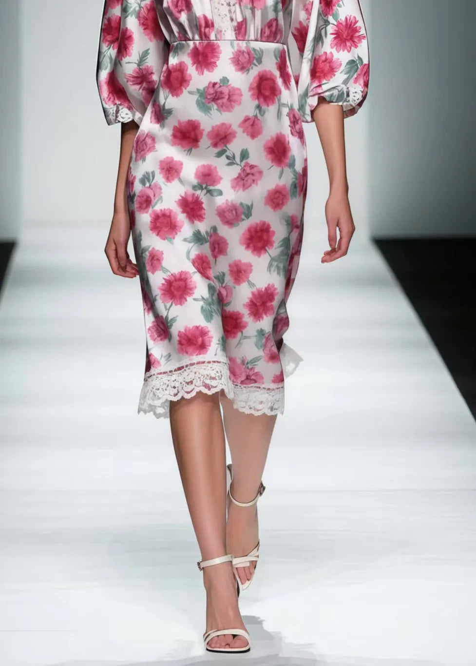 Pink Patchwork Lace Silk Mid Dress Summer