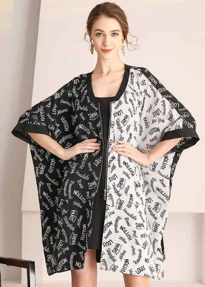 Colorblock Zip Up Oversized Letter Print Chiffon Cardigans Summer