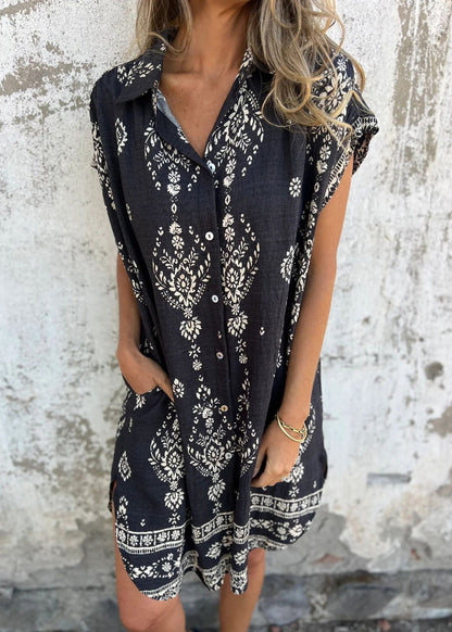 Beige Peter Pan Collar Print Cotton Shirts Dress Summer