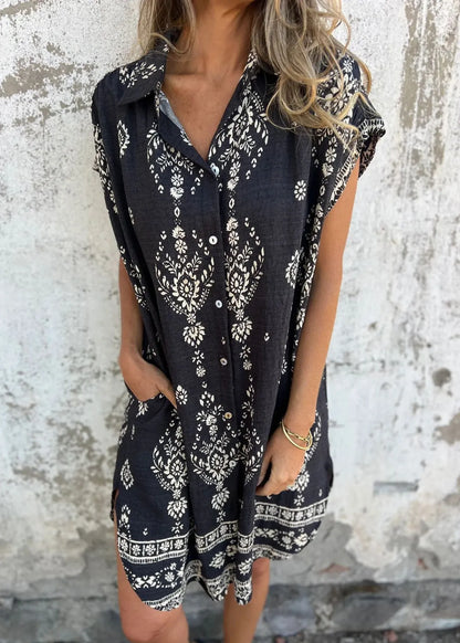 Beige Peter Pan Collar Print Cotton Shirts Dress Summer