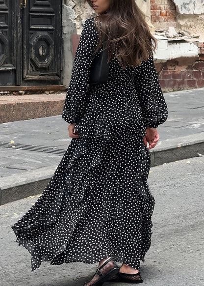 Black V Neck Ruffled Print Chiffon Dress Fall