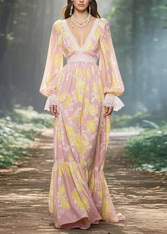 New V Neck Print Lace Wrinkled Patchwork Chiffon Dresses Spring
