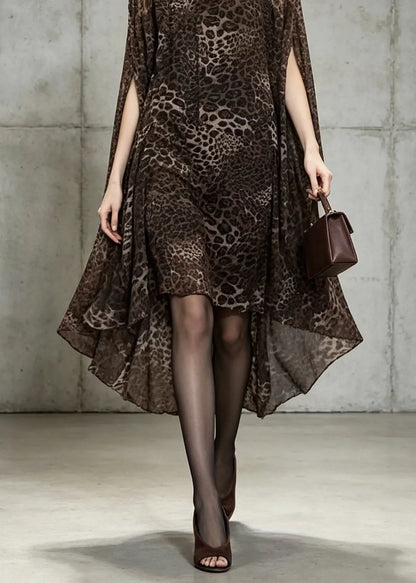 Unique Leopard Print Slash Neck Chiffon Dress Batwing Sleeve