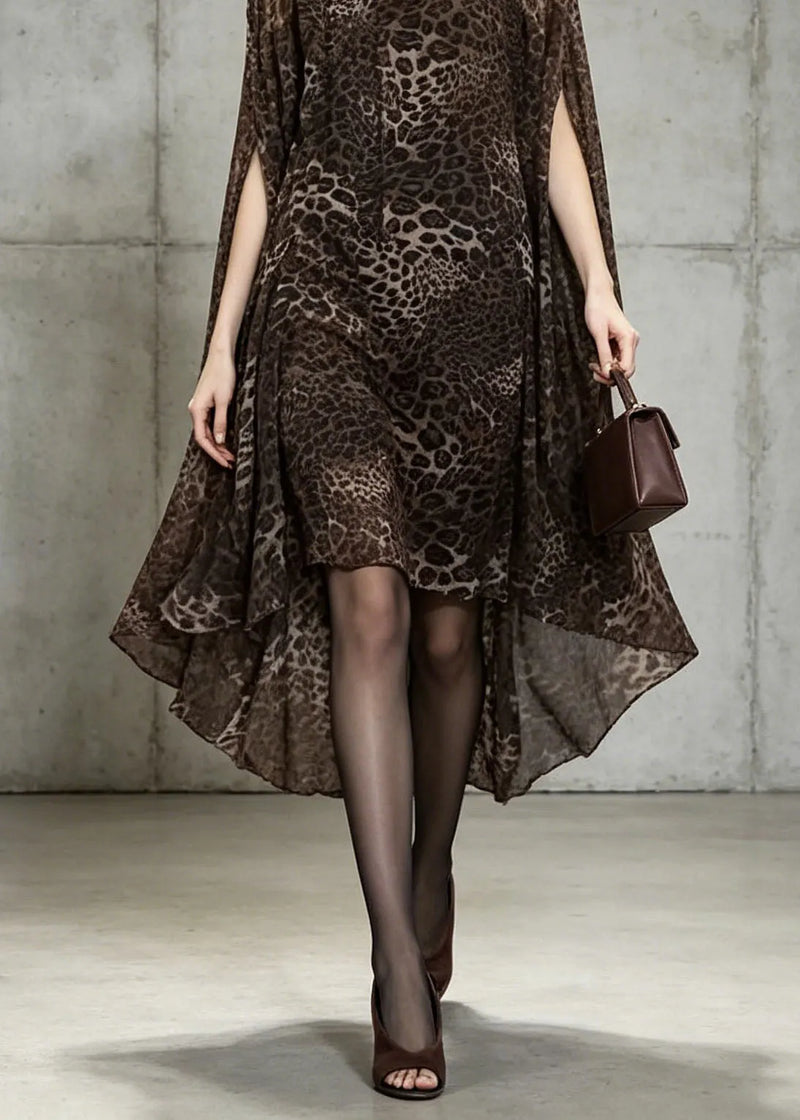Unique Leopard Print Slash Neck Chiffon Dress Batwing Sleeve