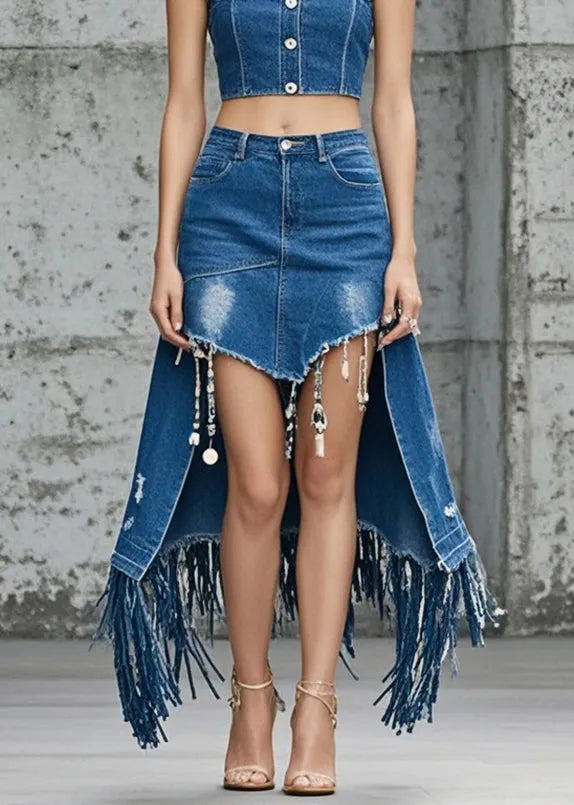 Modern Denim Blue Tasseled Skirt Asymmetrical Design Fall