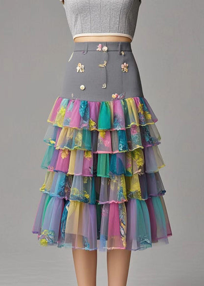 Print Patchwork Layered Tulle Silm Fit Skirt Fall