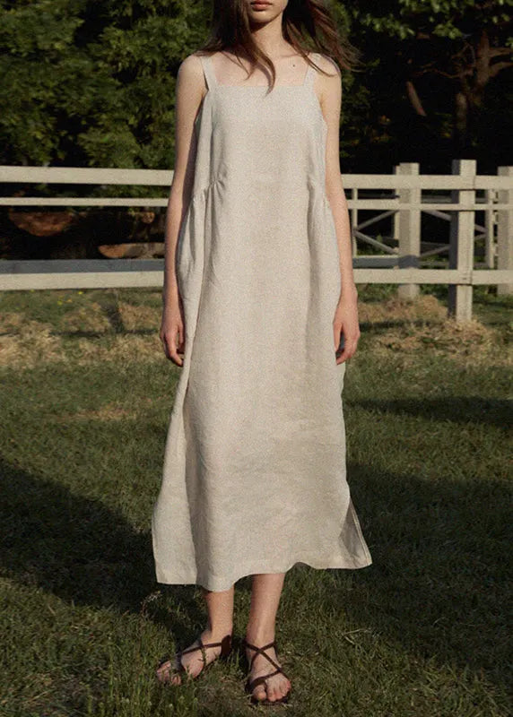 French White Backless Linen Spaghetti Strap Dresses Sleeveless