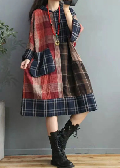Fitted Colorblock Plaid Asymmetrical Design Cotton Linen Holiday Dress Summer
