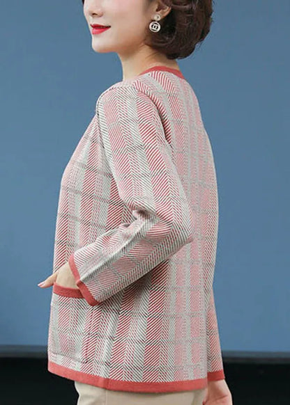 Red O-neck Pockets Plaid Knit Coat Long Sleeve