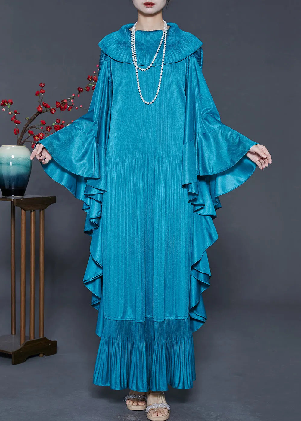 French Peacock Blue Ruffled Patchwork Wrinkled Silk Maxi Dresses Fall