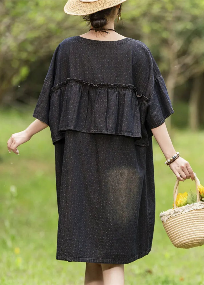 Loose Black O-neck Ruffled Print Denim Dress Summer