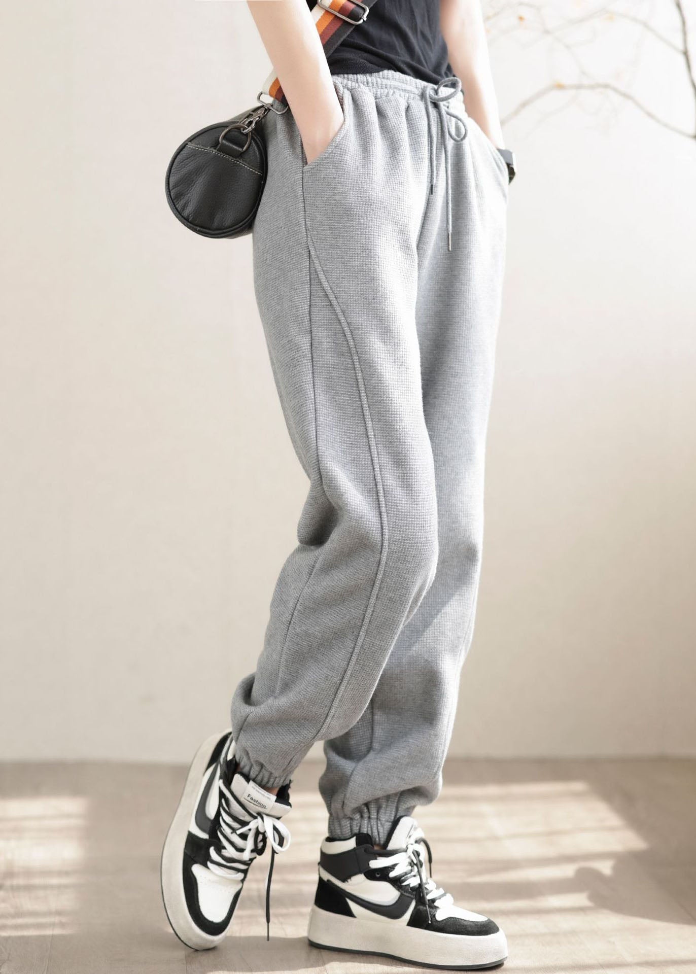 Diy Grey Elastic Waist Patchwork Warm Fleece Pants Winter