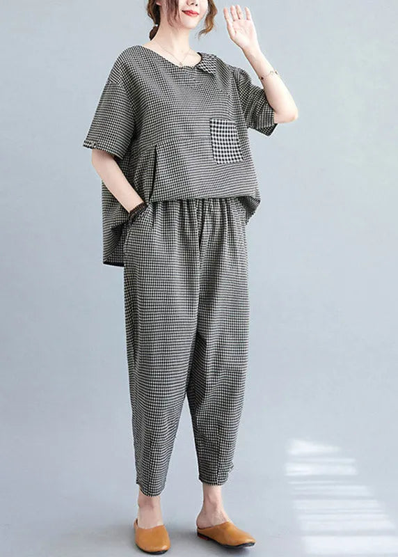 Black Plaid Wrinkled Patchwork T Shirt and Crop Pants Two Piece Set Short Sleeve