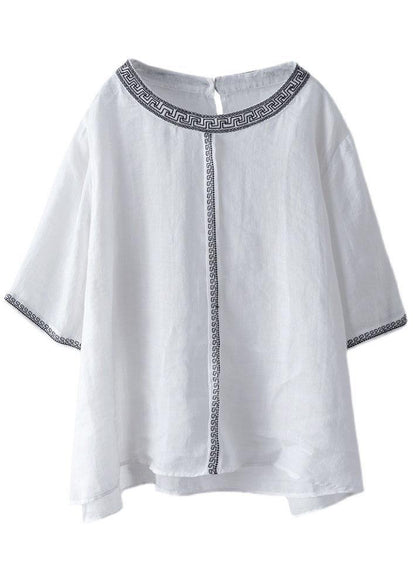 Natural Black O-neck Embroidered Summer Ramie Blouses Half Sleeve
