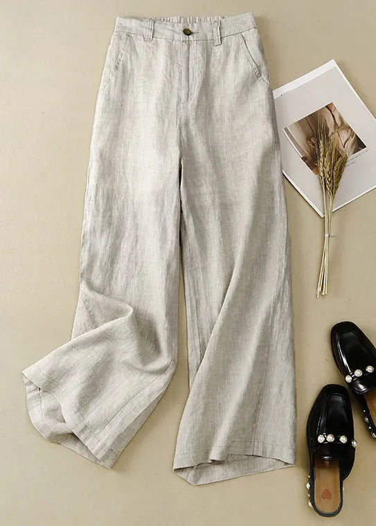 Simple White Button High Waist Linen Pants Summer
