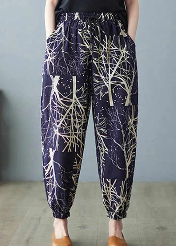 Navy Elastic Waist Print Harem Pants Summer