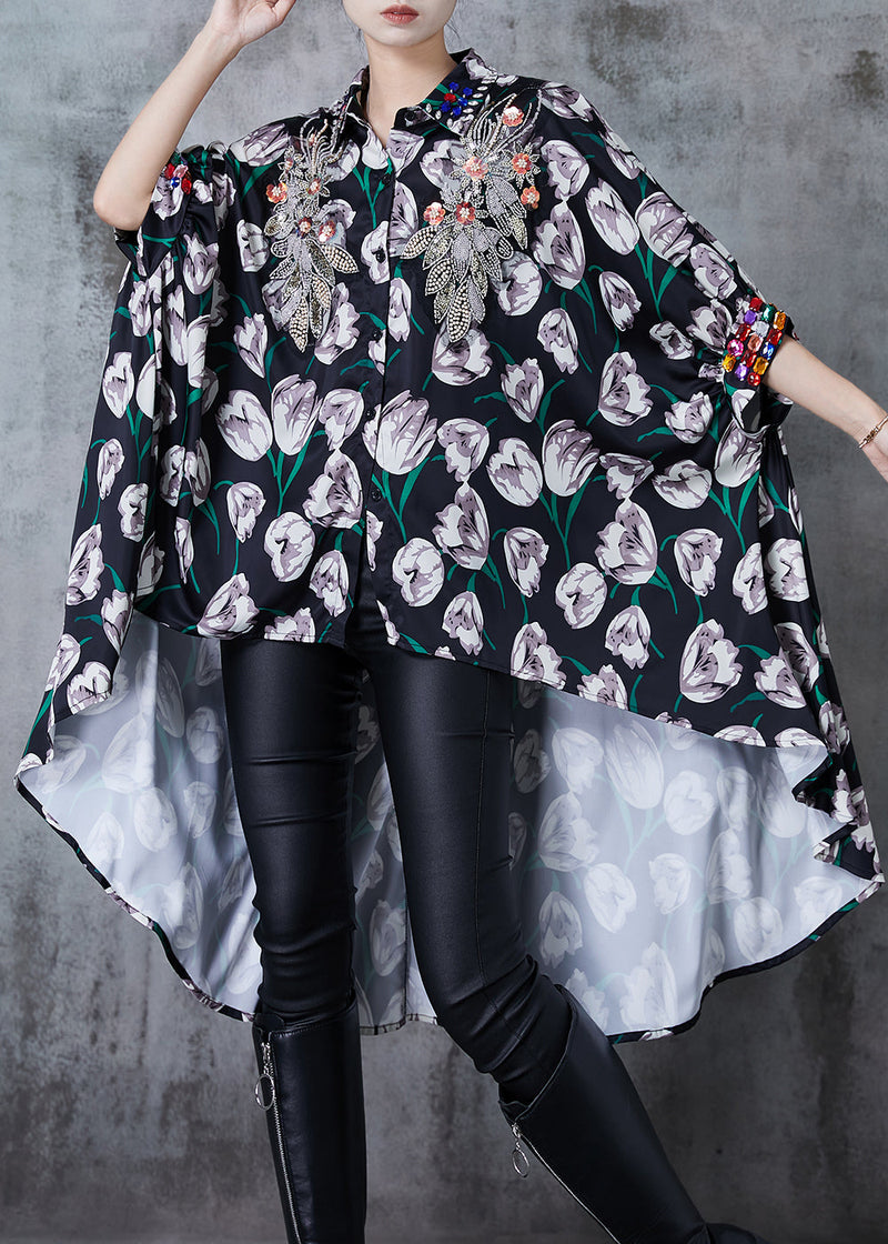 Diy Black Sequins Print Low High Design Cotton Shirt Tops Fall