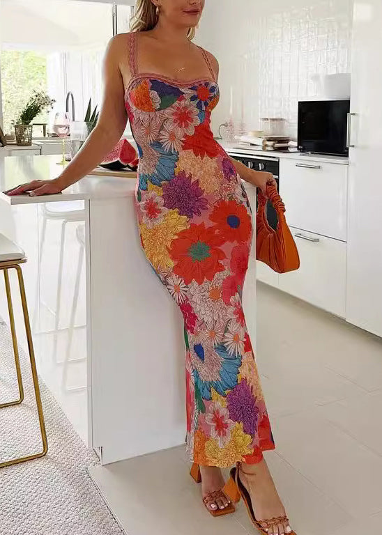 Print Cotton Spaghetti Strap Dress Summer
