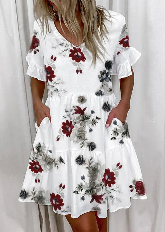 New V Neck Ruffled Butterfly Print Cotton Dress Summer
