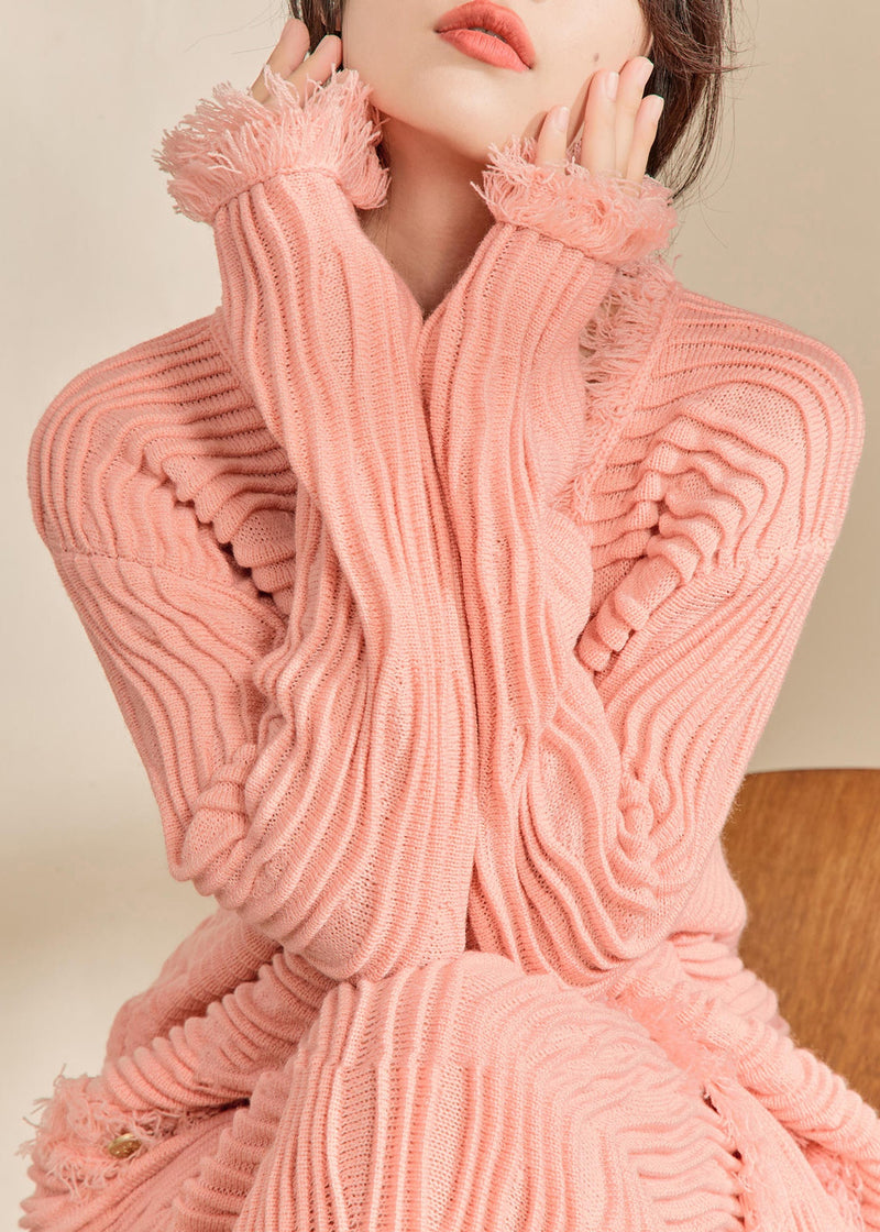 Pink V Neck Button Tassel Knit Cardiga Fall