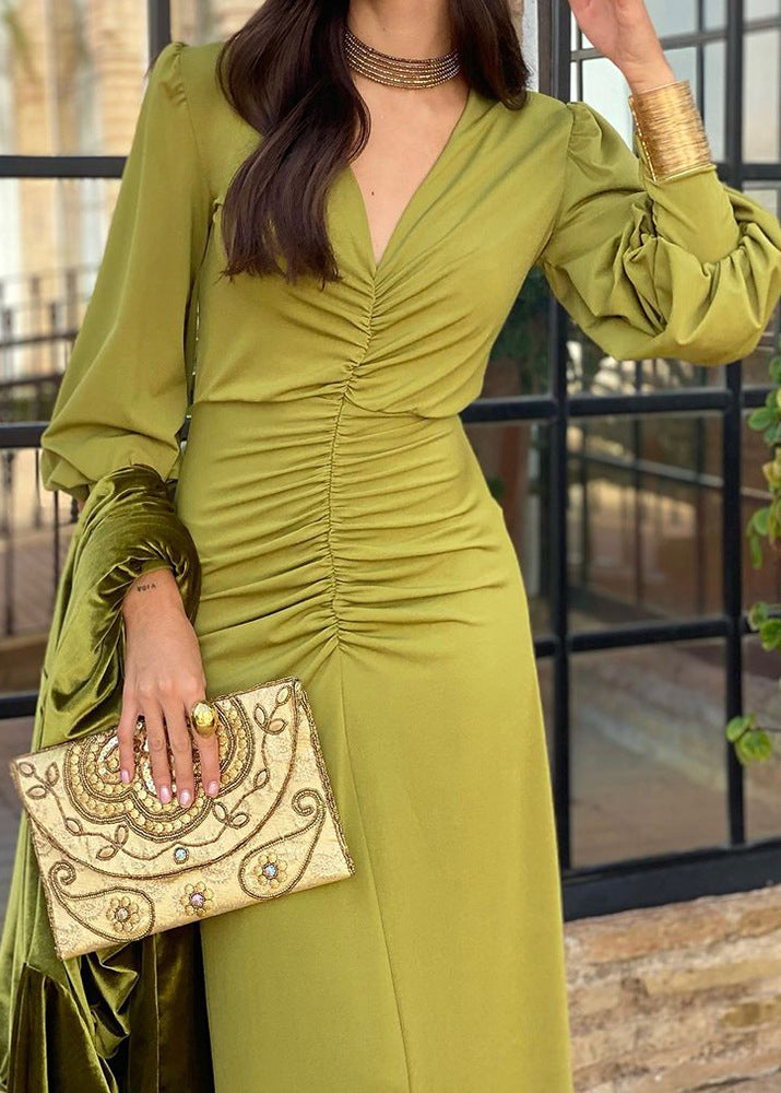 Green V Neck Wrinkled Chiffon Dress Long Sleeve