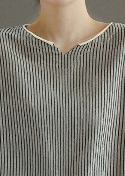 Grey V Neck Striped Patchwork Linen Tank Tops Short Sleeve